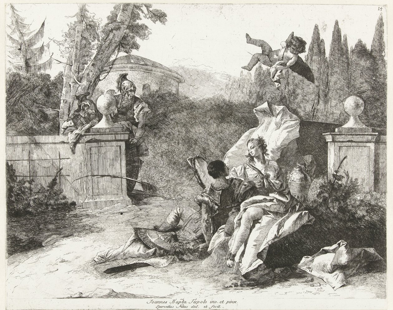 Rinaldo a Armida jsou špehováni Ubaldem a Carlem od Lorenzo Baldissera Tiepolo