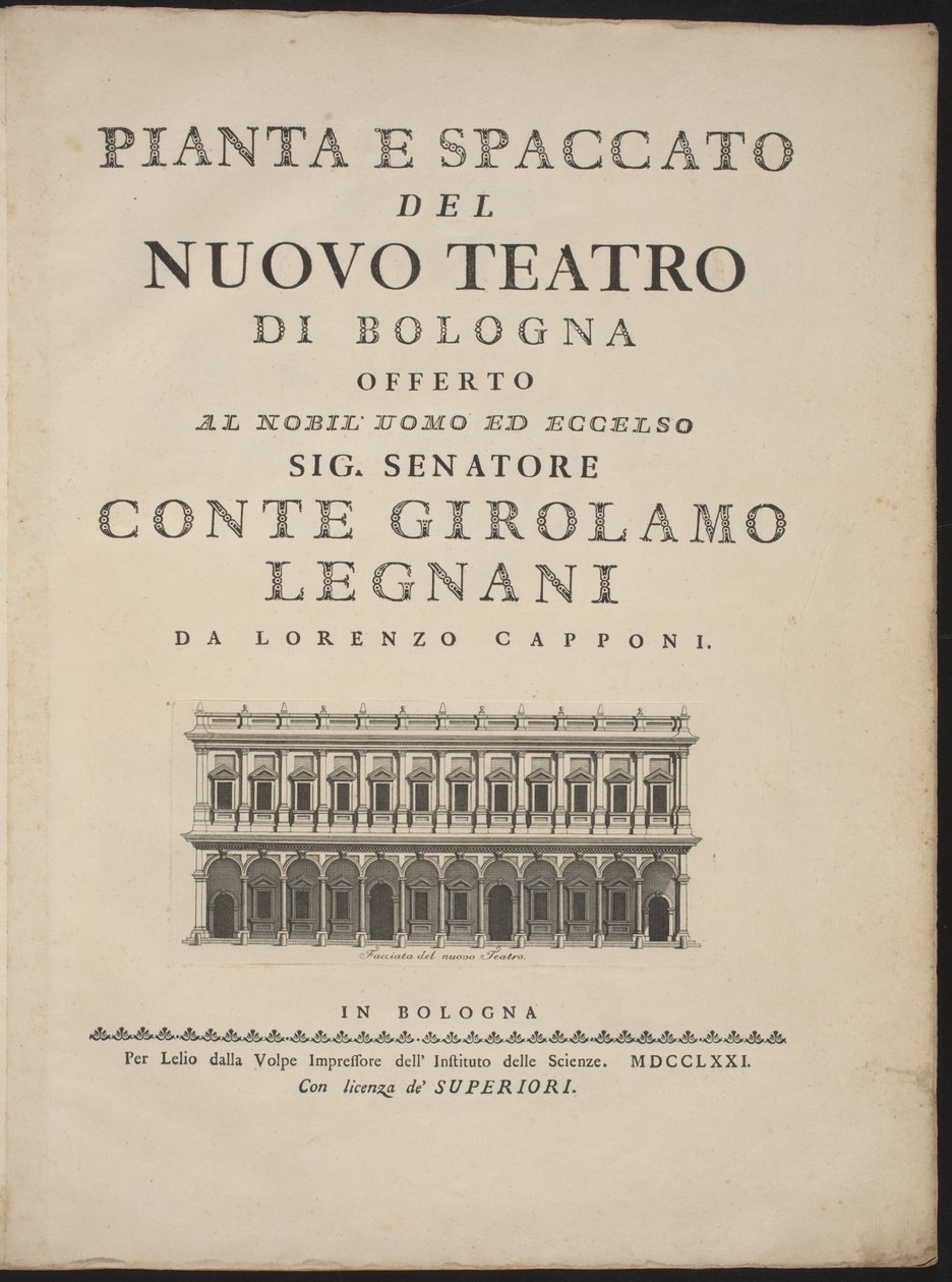 Plán a průřez nového divadla v Bologni od Lorenzo Capponi, after Antonio Galli Bibiena