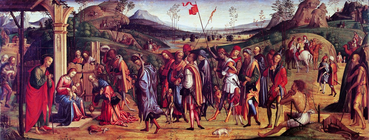 Klanění tří králů od Lorenza Costy (1460-1535), olej na plátně, 75x181 cm od Lorenzo Costa