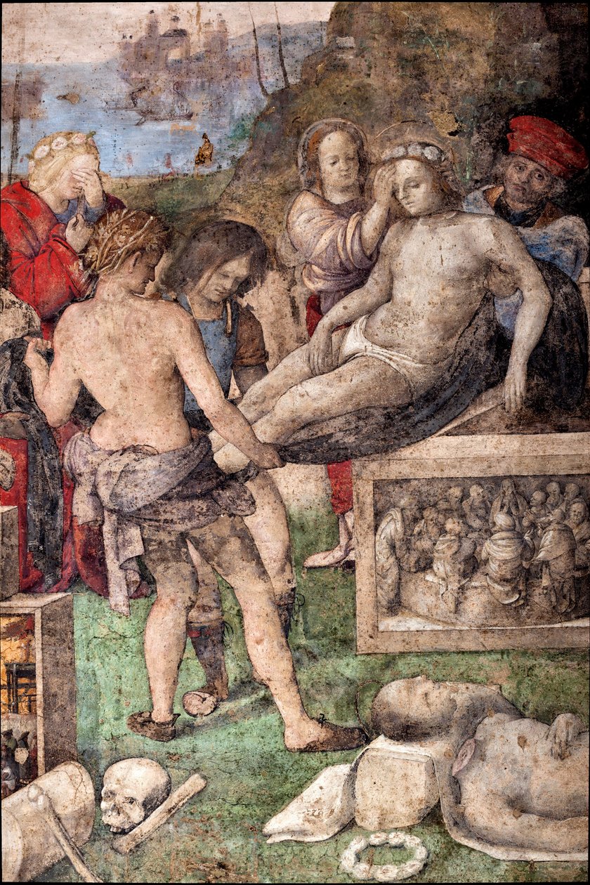 Život sv. Cecile: Pohřeb sv. Valeriána a sv. Tiburtia, detail (freska od Lorenzo Costa