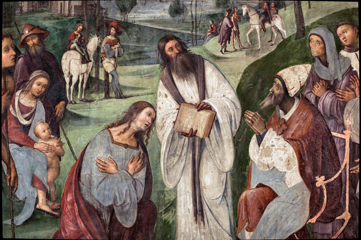 Life of St. Cecile: Urban I zve Valerian ke konverzi, detail (freska od Lorenzo Costa