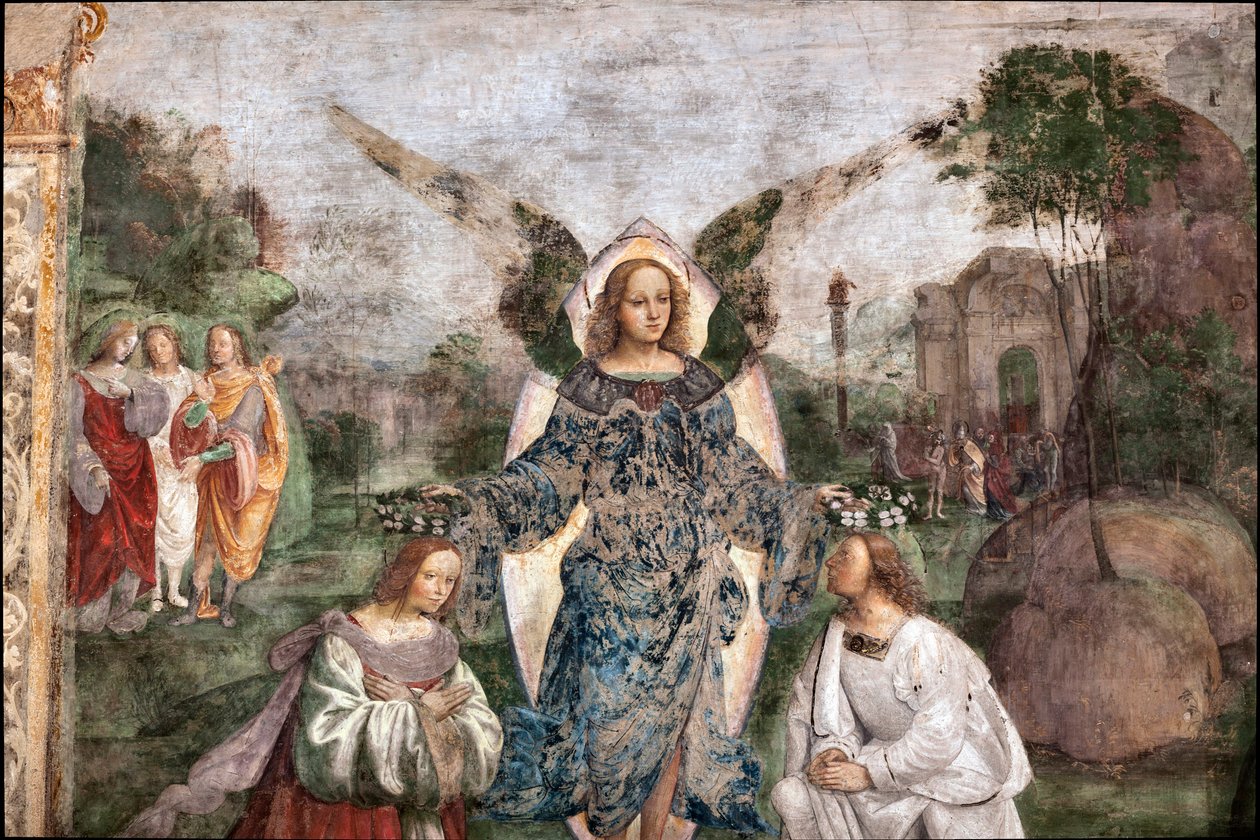 Život svaté Cecílie: Valerián a Cecílie korunovaní andělem, detail (freska od Lorenzo Costa