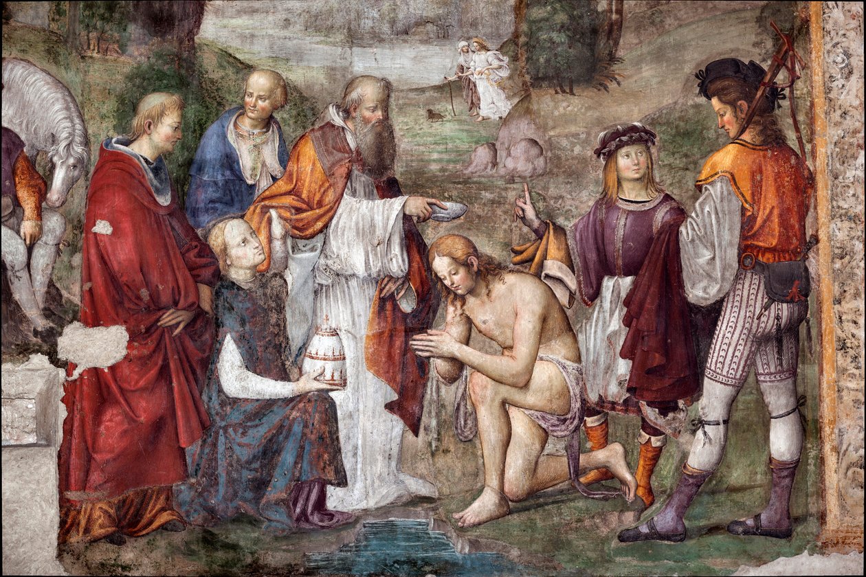 Život svaté Cecile: Valerian pokřtěný papežem Urbanem I., detail (freska od Lorenzo Costa