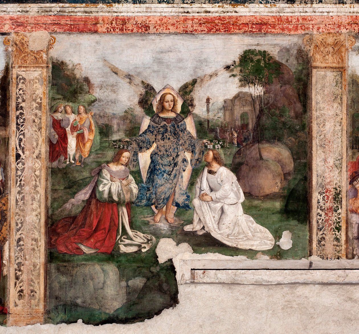 Život svaté Cecílie: světice a svatého Valeriána korunovaného andělem (Fresco od Lorenzo Costa
