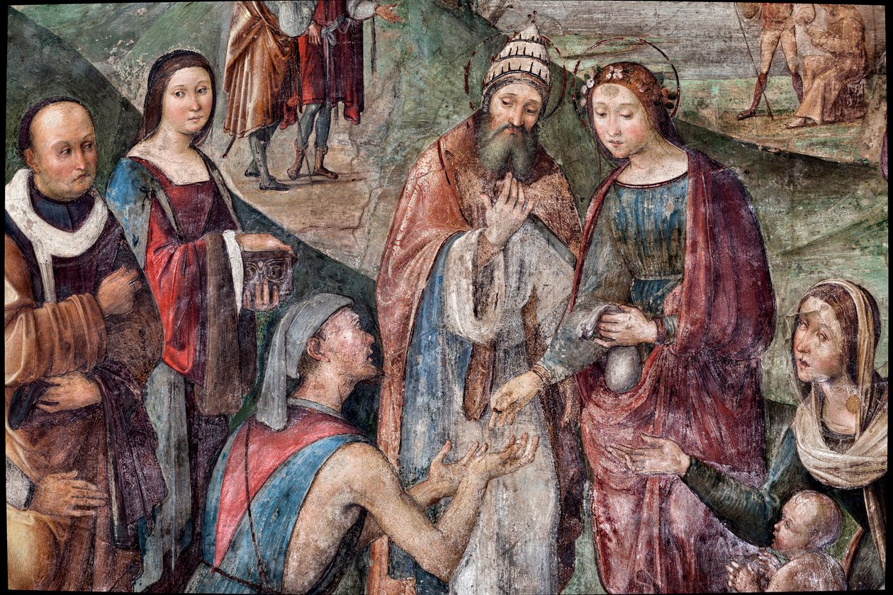 Svatá Cecílie dává svůj majetek chudým, detail (freska od Lorenzo Costa