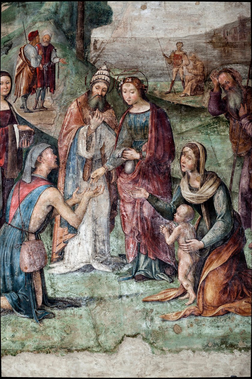 Svatá Cecílie dává svůj majetek chudým, detail (freska od Lorenzo Costa