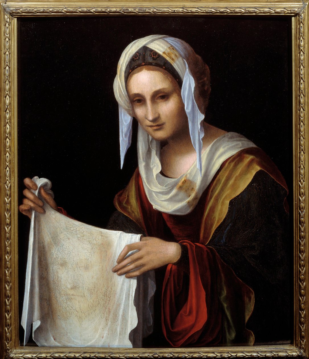 Svatá Veroniko. Svatý závoj představuje tvář Krista, jehož pot se Veronique údajně zpotila při výstupu na Kalvárii. Obraz od Lorenza Costy (1460-1535) Ne. 0,64x0,54 m od Lorenzo Costa