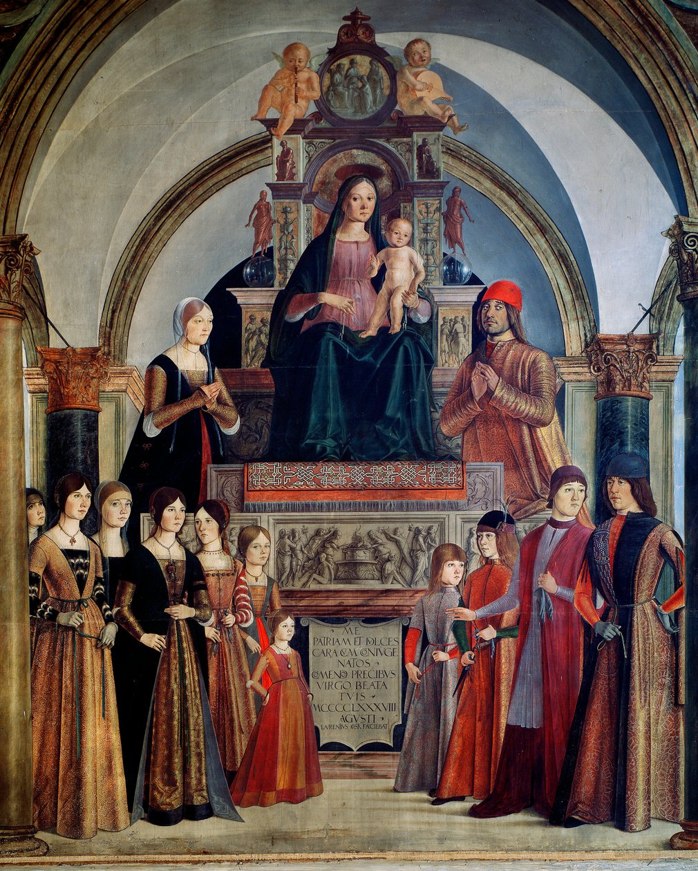 Panna Bentivoglio Virgin má dítě obklopené členy rodiny Bentivoglio. Obraz od Lorenza Costy (1460-1535) 1488 Bologna, kostel San Giacomo Maggiore od Lorenzo Costa