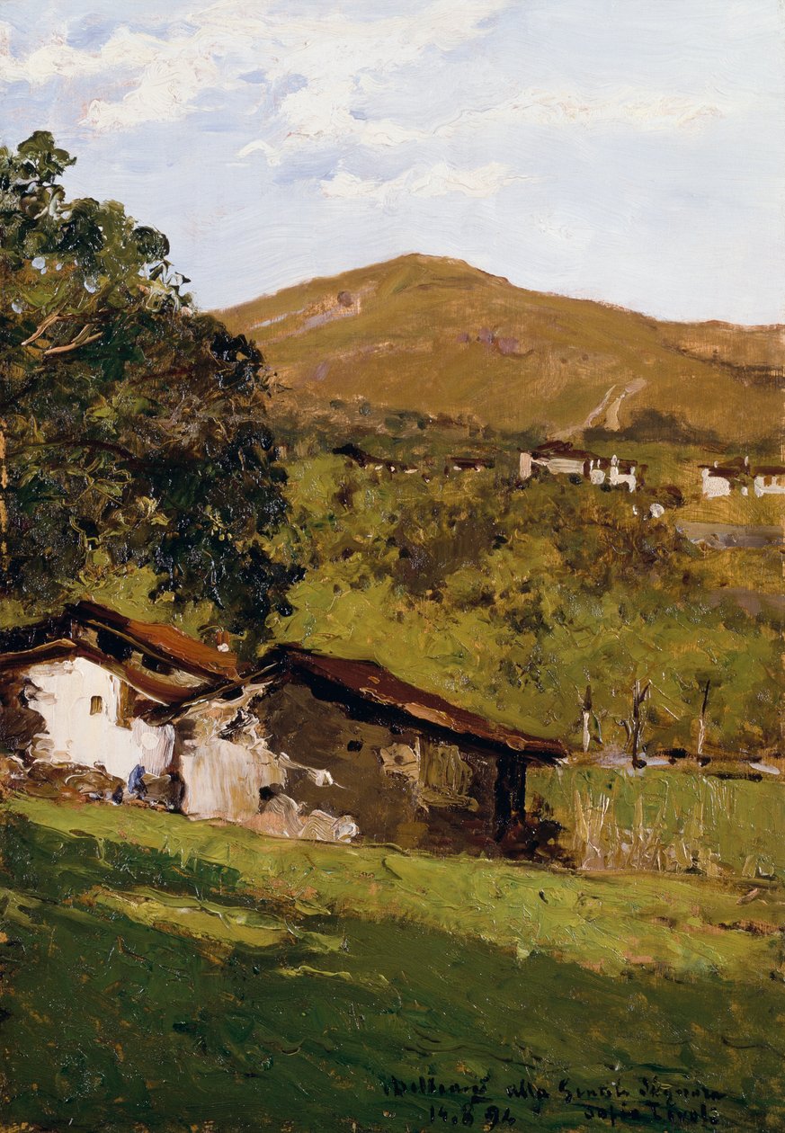 Farmy uprostřed zeleně (Pre-Alps of Biella), Lorenzo Delleani (1840-1908), olej na panelu, 44,9 x 30,7 cm od Lorenzo Delleani