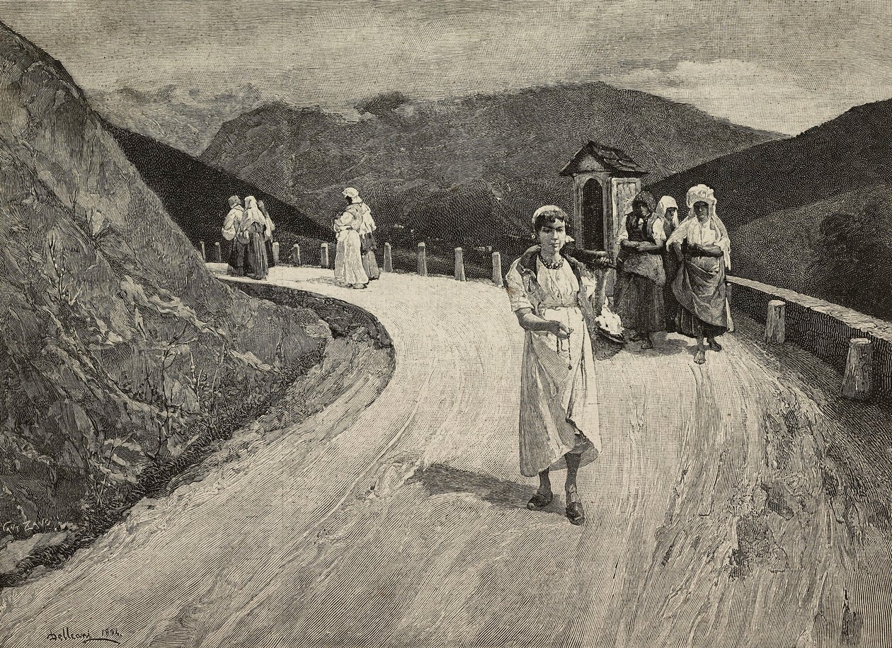 On Sacred Way, poutnice kráčející po cestě, Brera, United Expositions, Milán, Itálie, rytina F Cantagalliho z obrazu Lorenza Delleaniho (1840-1908) z L