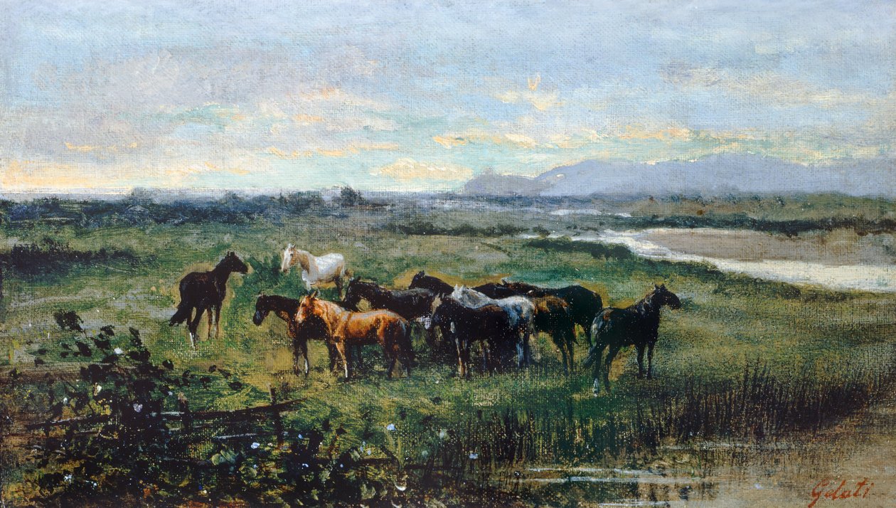 Divocí koně, asi 1870, Lorenzo Gelati (1824-1893), olej na plátně přeneseno na desku, 21x37 cm od Lorenzo Gelati