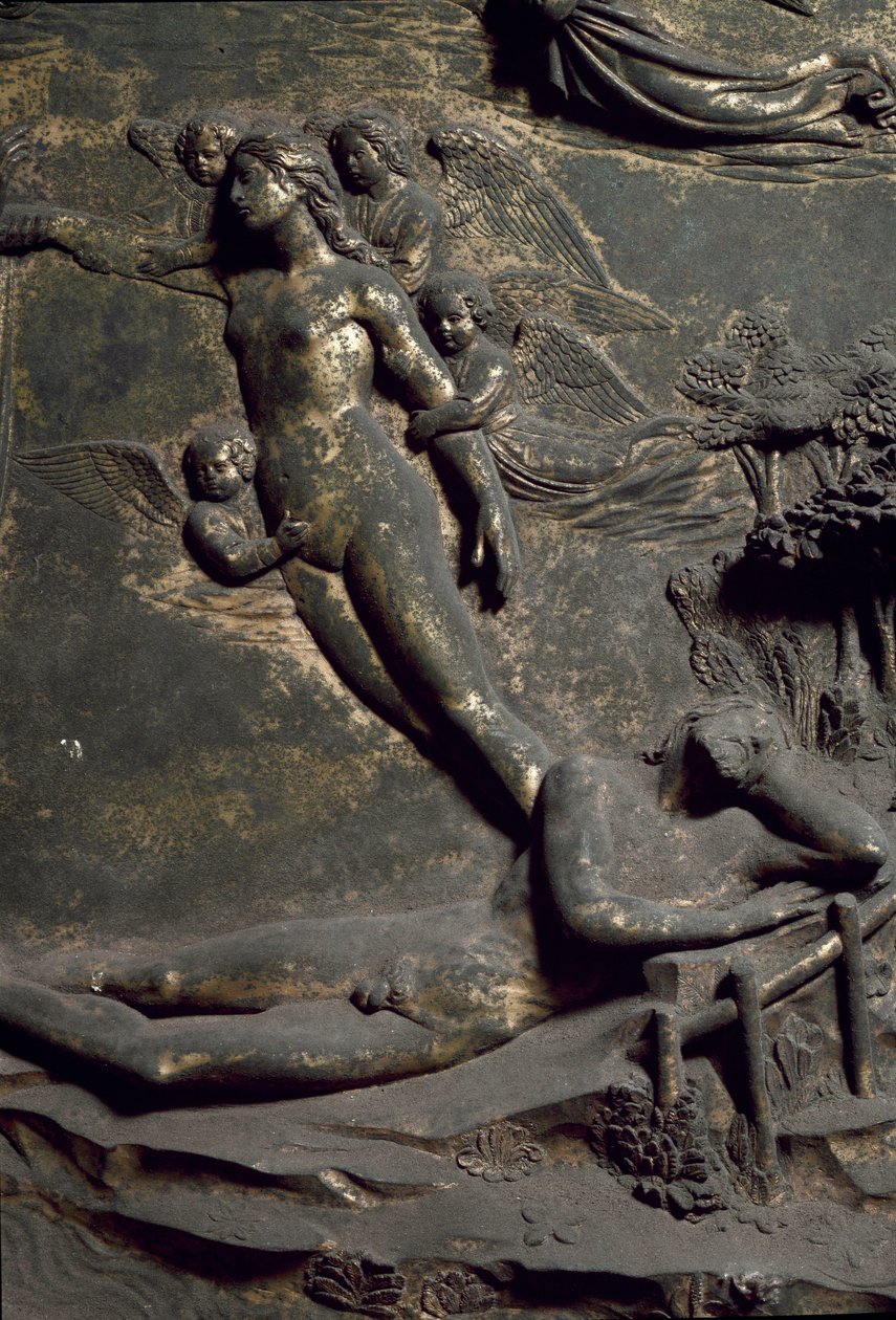 Stvoření Evy z Adamova pobřeží. Detail orientálních dveří s názvem Ráj, řezba od Lorenzo Ghiberti