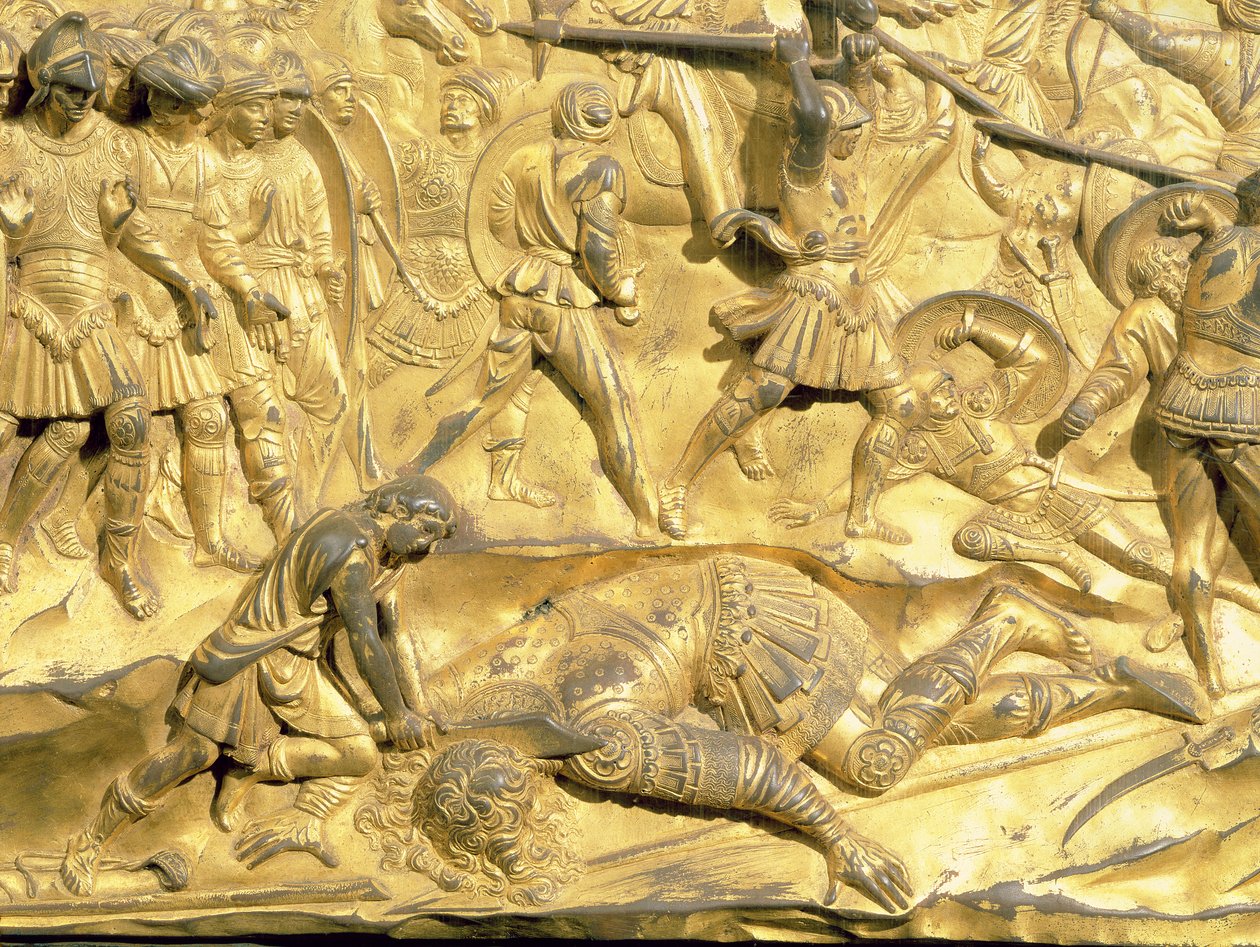 David a Goliáš, detail z původního panelu z východních dveří baptisteria, 1425-52 (pozlacený bronz) (po restaurování) od Lorenzo Ghiberti