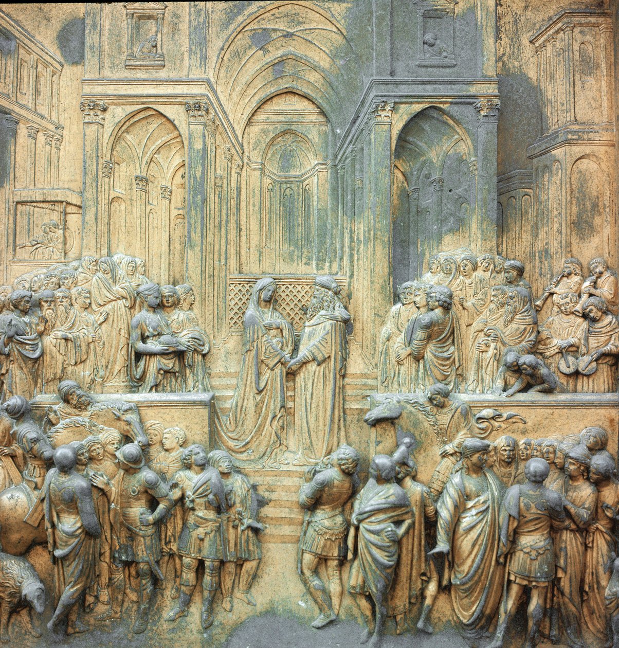 Král Šalamoun přijímá královnu ze Saby v nízkoreliéfním chrámu Lorenza Ghibertiho (1378-1455) 1424-1452 Florencie, brána ráje Baptistere od Lorenzo Ghiberti