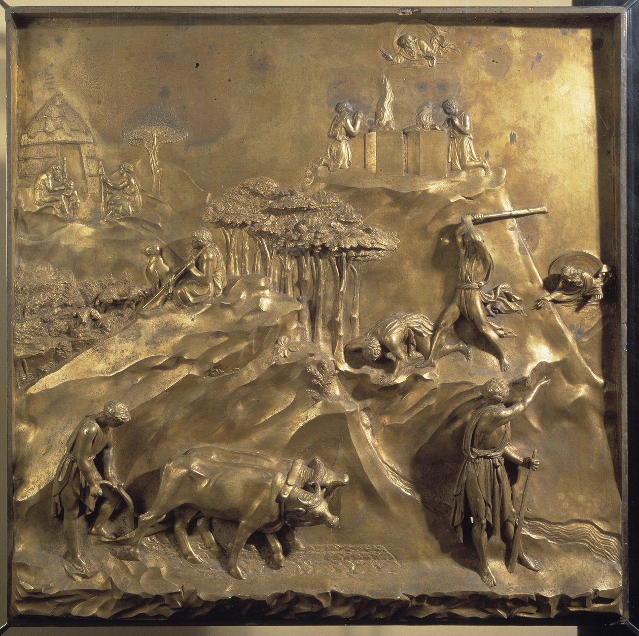 Život Kaina a Ábela: oběť, vražda Ábela a Bůh vyhánějící Kaina. Původní panel dveří ráje od Lorenzo Ghiberti