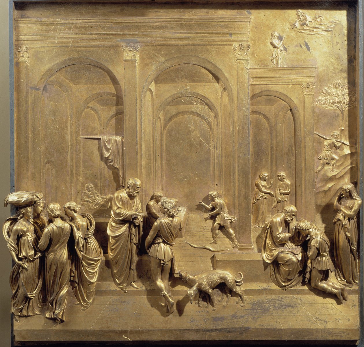 Život Jákoba a Ezaua: Ezau prodává své prvorozenství a Izák žehná Jákobovi. Původní panel dveří ráje od Lorenzo Ghiberti