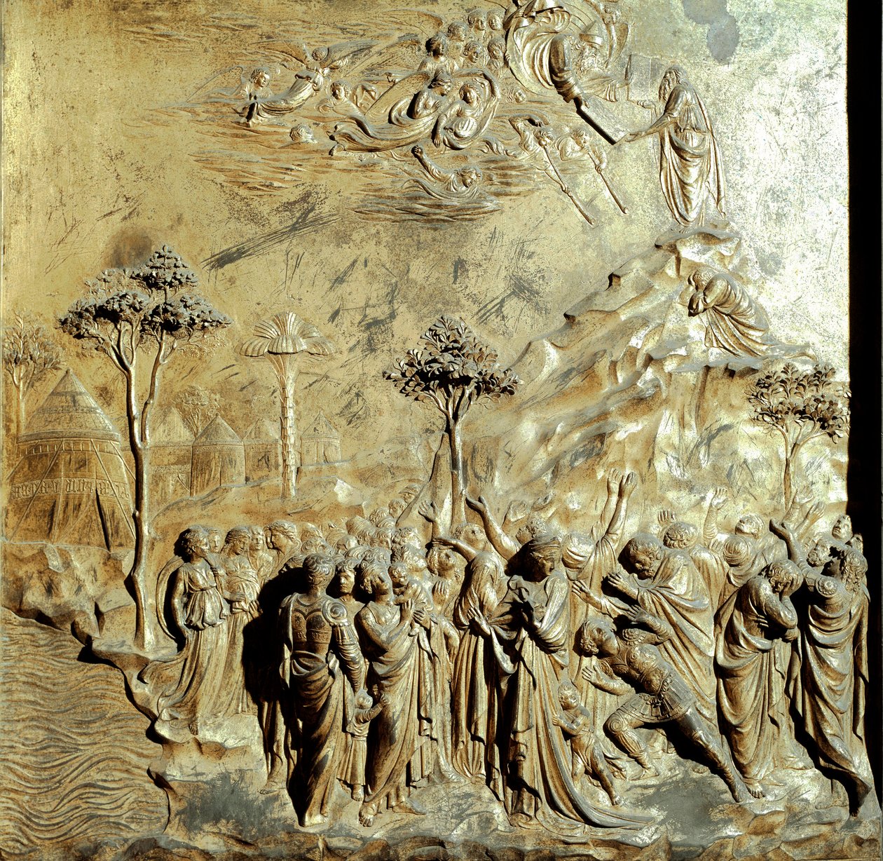 Mojžíš obdrží tabulky zákona Původní panel Brány ráje (Východní brána Baptistera), po restaurování. Zlatý bronz od Lorenza Ghibertiho (1378-1455) od Lorenzo Ghiberti