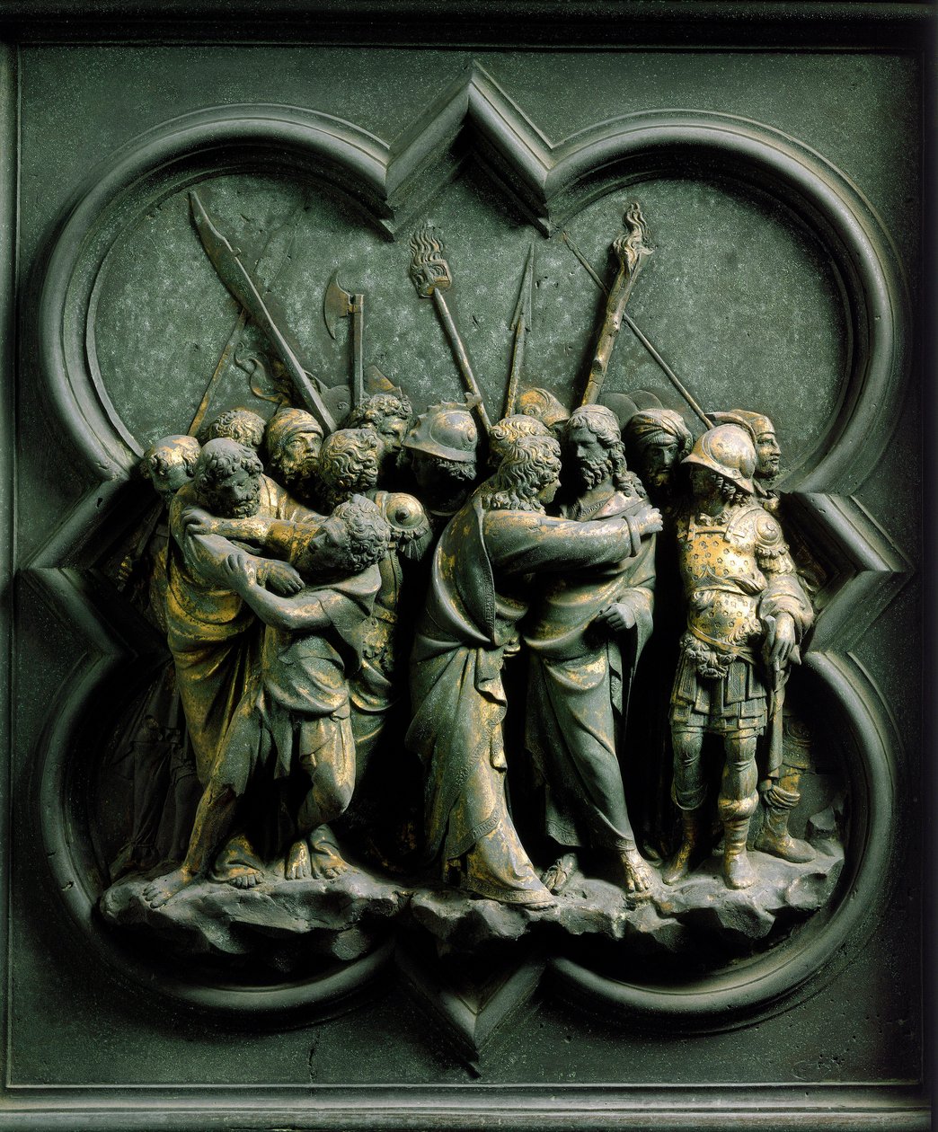 Severní brána (na severu zvaná Křížová brána), detail exteriéru: „“ Jidášův polibek““ Bronzová socha od Lorenza Ghibertiho (1378-1455) od Lorenzo Ghiberti