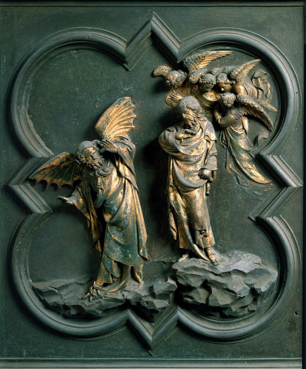 Severní brána (na severu zvaná Křížová brána), vnější detail: „“pokušení Krista““ Bronzová socha od Lorenza Ghibertiho (1378-1455) od Lorenzo Ghiberti
