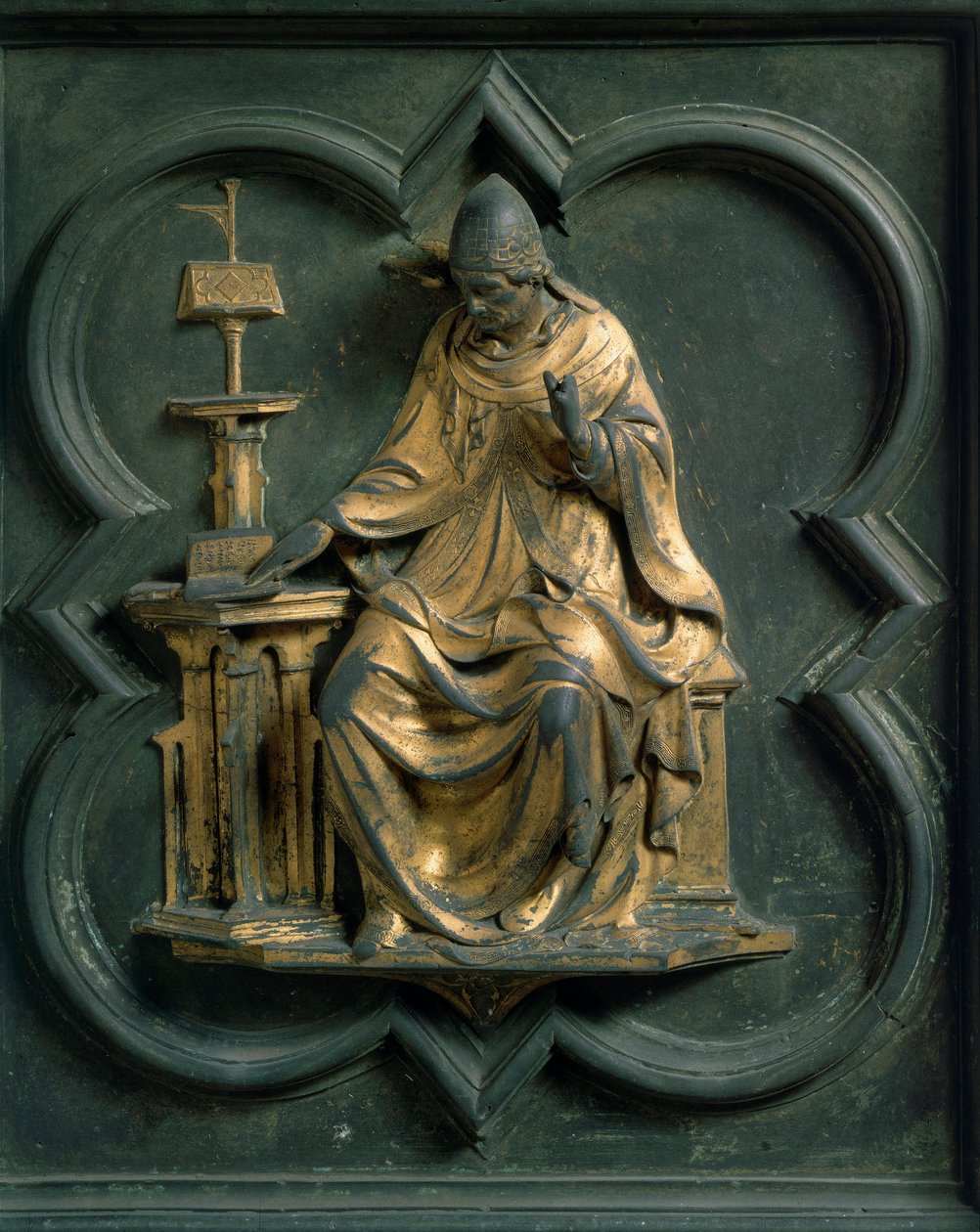 Severní brána (tzv. Křížová brána na severu), detail exteriéru: Řehoře Velikého. Bronzová socha od Lorenza Ghibertiho (1378-1455). od Lorenzo Ghiberti