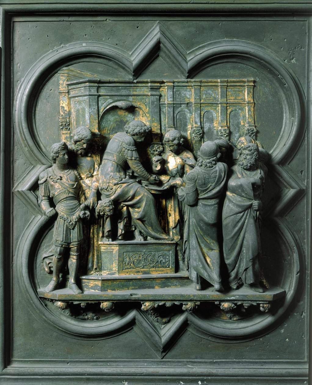 Severní brána (na severu zvaná Křížová brána), vnější detail: „Kristus čelí Pontskému Pilátovi (Pontius Pilatius)“ Bronzová plastika od Lorenza Ghibertiho (1378-1455) od Lorenzo Ghiberti