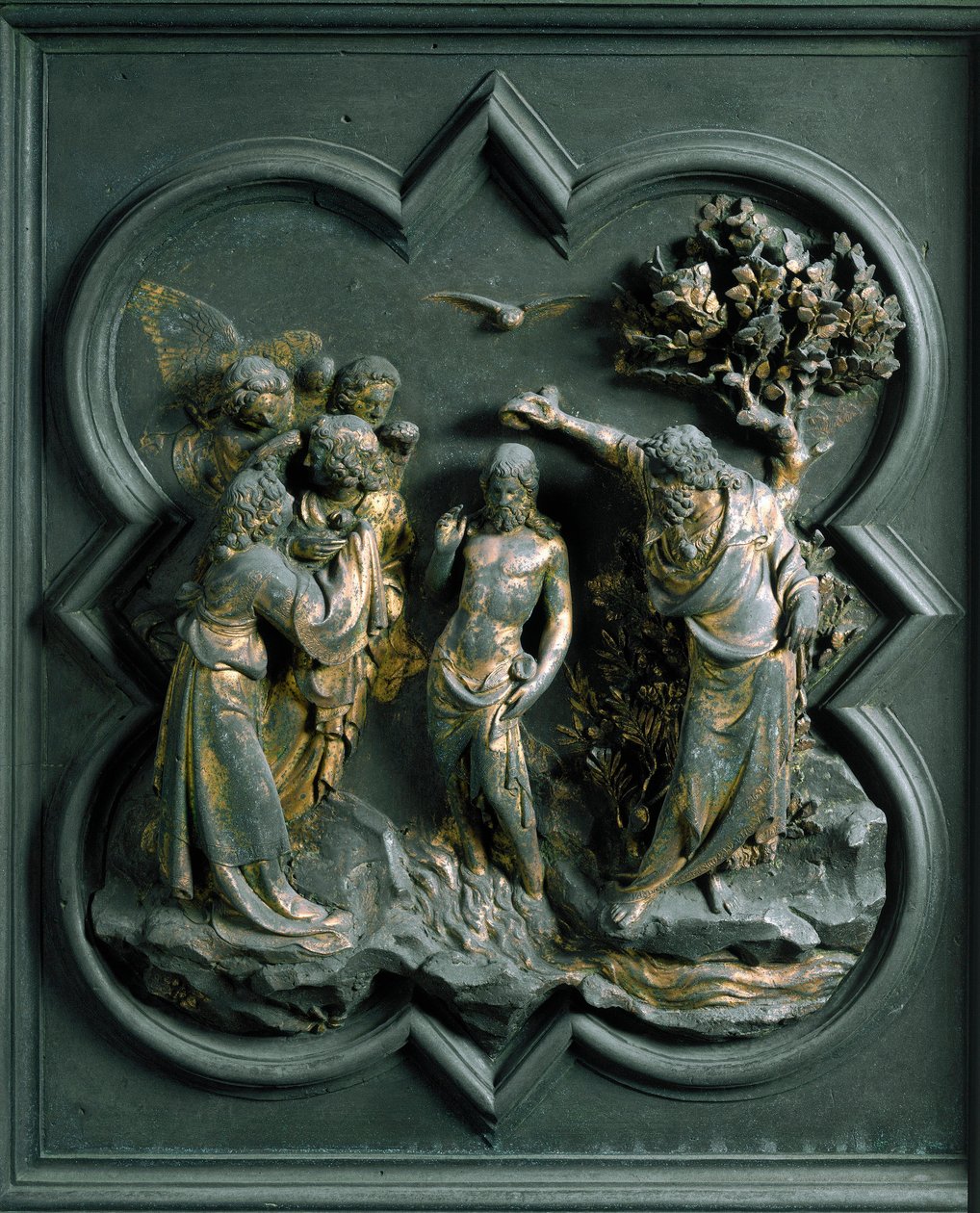 Severní brána (na severu nazývaná Křížová brána), detail exteriéru: „Křest Krista““ Bronzová socha od Lorenza Ghibertiho (1378-1455) od Lorenzo Ghiberti