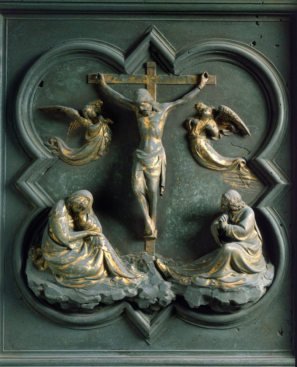 Severní brána (na severu nazývaná Křížová brána), detail exteriéru: „“ ukřižování““ Bronzová socha od Lorenza Ghibertiho (1378-1455) od Lorenzo Ghiberti