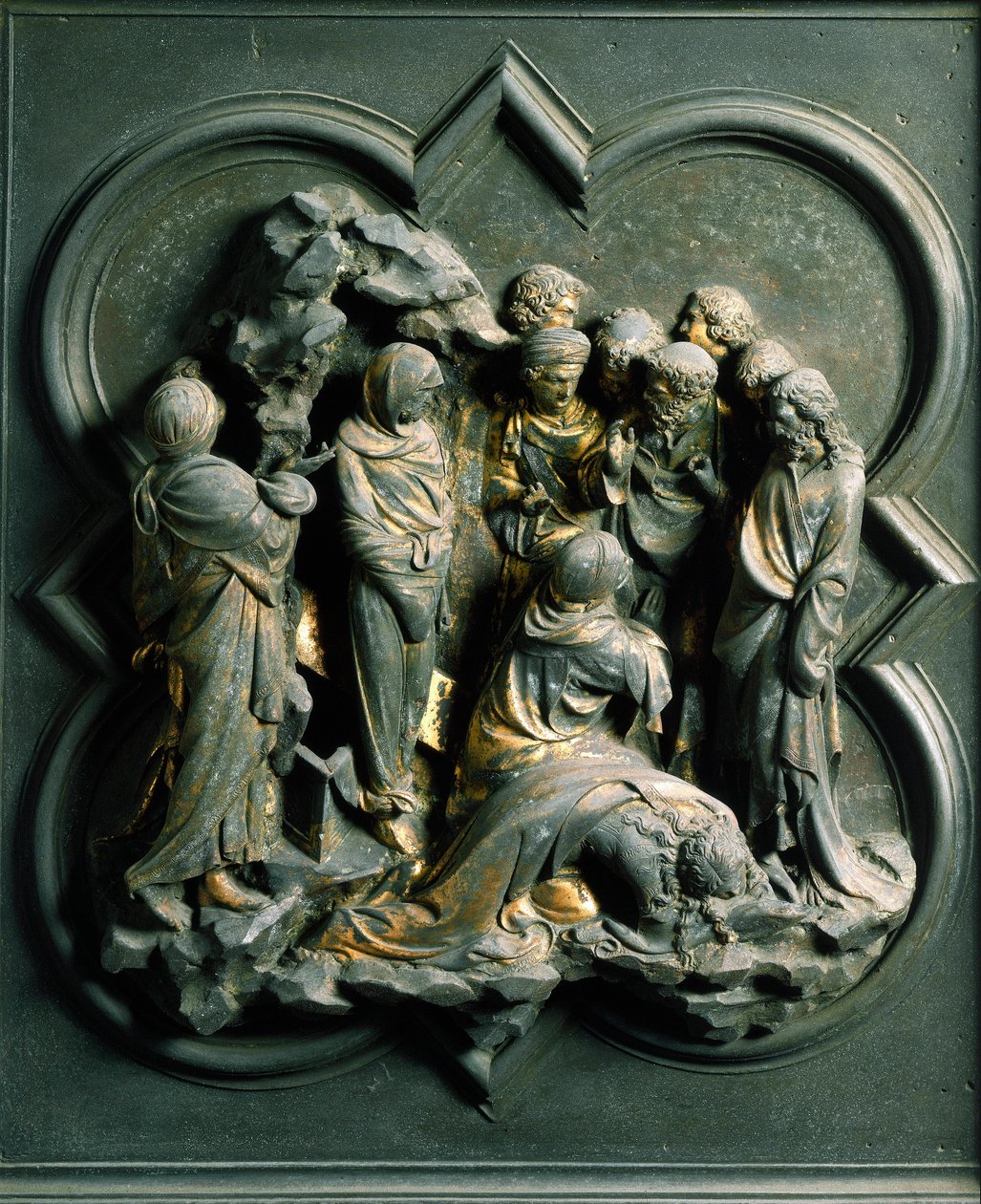 Severní brána (na severu nazývaná Křížová brána), detail exteriéru: „“vzkříšení Lazara“““ Bronzová socha od Lorenza Ghibertiho (1378-1455) od Lorenzo Ghiberti