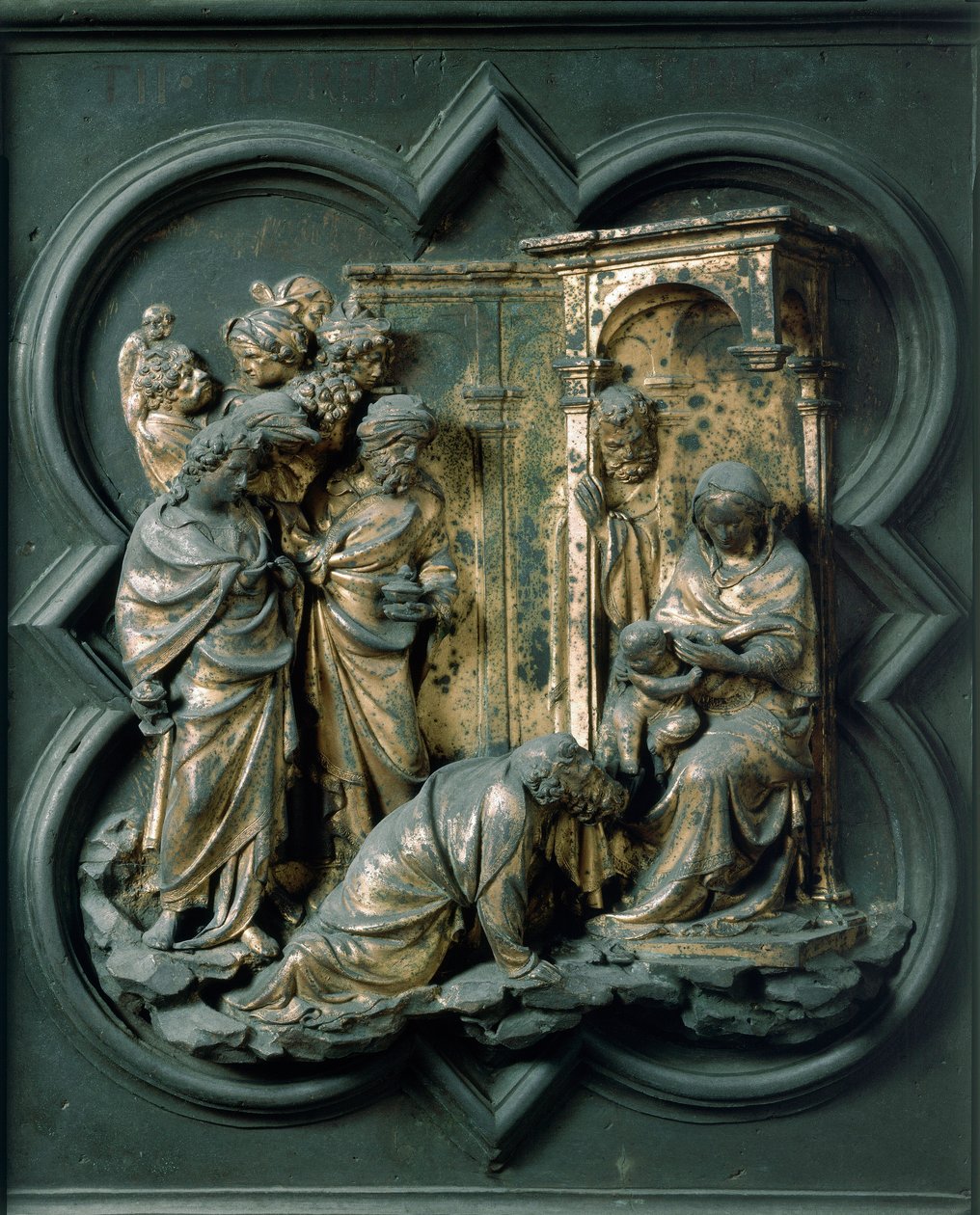 Severní brána (nazývaná Křížová brána, na sever), detail exteriéru: Klanění tří králů. Bronzová socha od Lorenza Ghibertiho (1378-1455) od Lorenzo Ghiberti