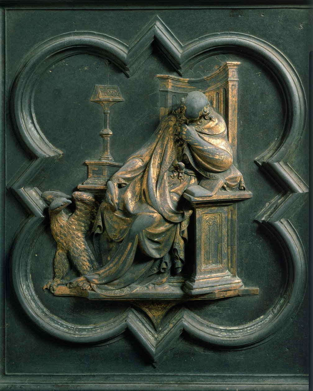 Severní Porte (nazývaná Křížová brána, na sever), detail exteriéru: Saint John Evangelist. Bronzová socha od Lorenza Ghibertiho (1378-1455) od Lorenzo Ghiberti