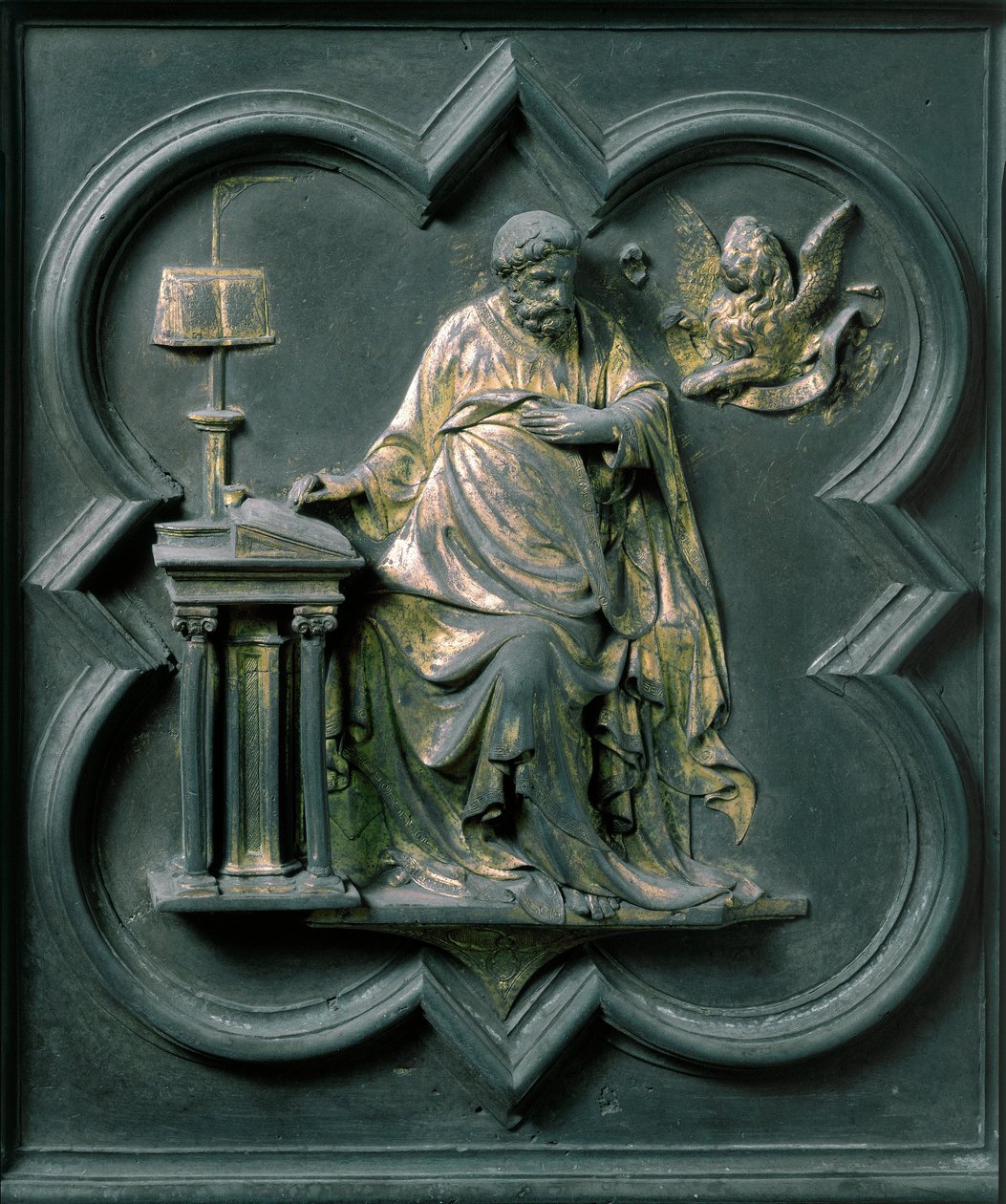 Severní brána (nazývaná Křížová brána, na sever), vnější detail: Svatý Marek. Bronzová socha od Lorenza Ghibertiho (1378-1455) od Lorenzo Ghiberti