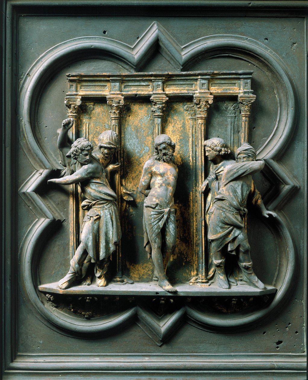 North Porte (na severu nazývaná Porte de la Croix), detail exteriéru: „“la flagellation““ Bronzová socha od Lorenza Ghibertiho (1378-1455) od Lorenzo Ghiberti