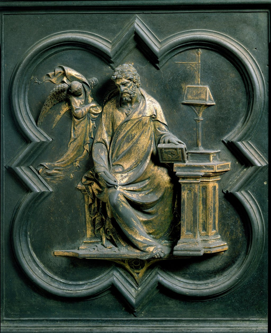 Severní Porte (nazývaná Porte de la Croix, na sever), detail exteriéru: Saint Mathieu. Bronzová socha od Lorenza Ghibertiho (1378-1455) od Lorenzo Ghiberti