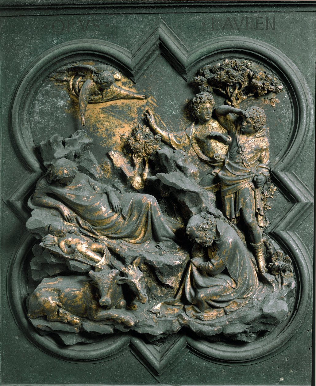 Severní Porte (nazývaný Porte de la Croix, na sever), detail exteriéru: Nativite. Bronzová socha od Lorenza Ghibertiho (1378-1455) od Lorenzo Ghiberti