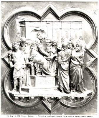 Pilát Pontský myje si ruce, reliéf ze dveří baptisteria, kolem 1403 (zlacený bronz) (č/b foto) od Lorenzo Ghiberti