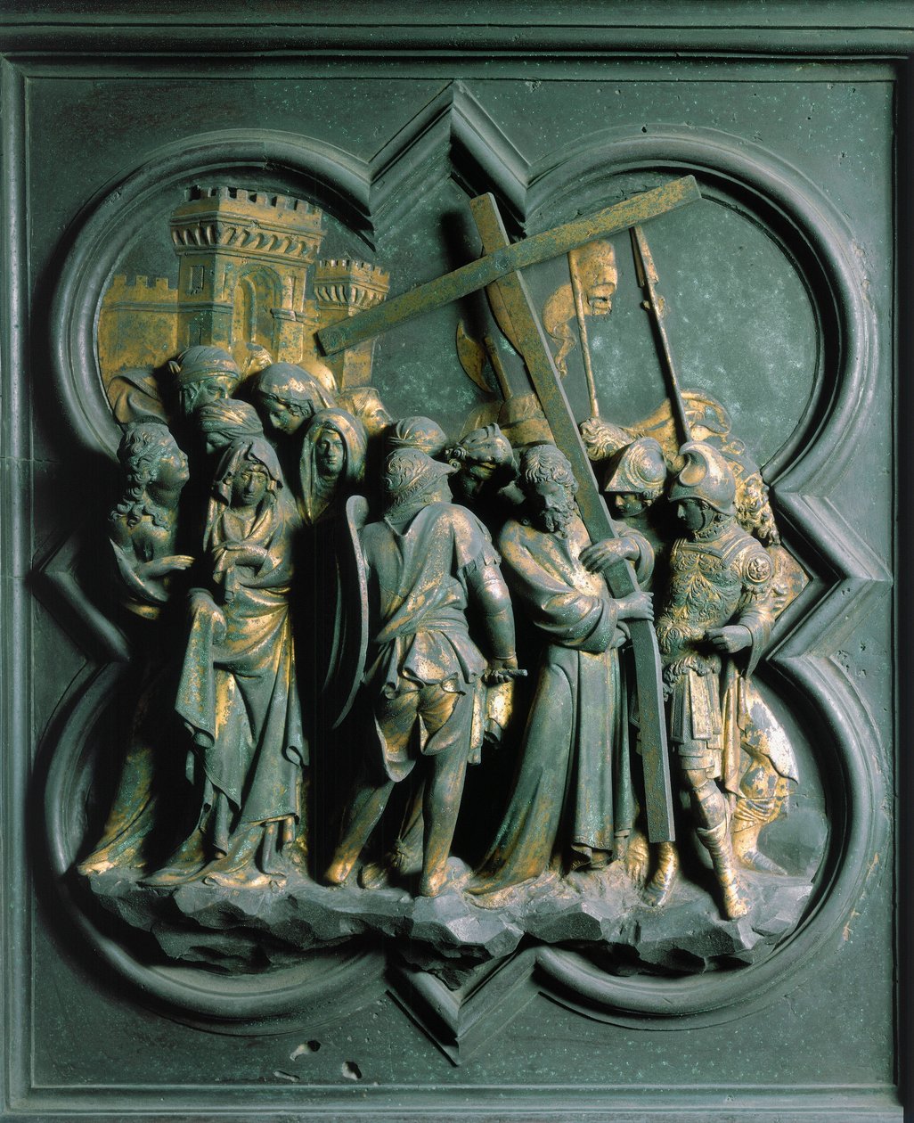 Porte Nord (na severu nazývaná Porte de la Croix), detail exteriéru: „The Montee to Calvary““ Bronzová socha od Lorenza Ghibertiho (1378-1455) od Lorenzo Ghiberti