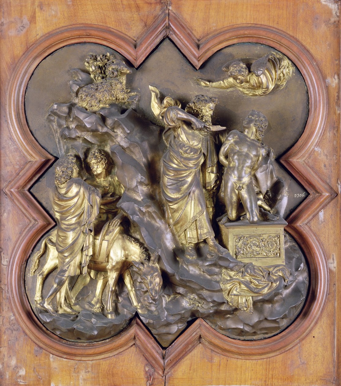 The Sacrifice of Isaac, bronzový soutěžní reliéf pro dveře Baptisteria, Florencie, 1401 (bronz) od Lorenzo Ghiberti