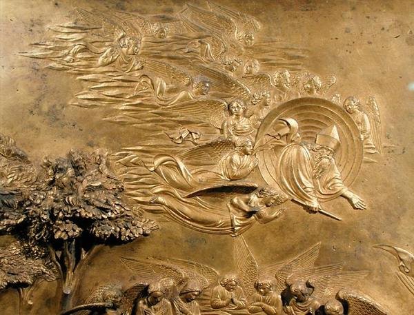 Příběh Adama, detail Boha Otce s anděly, z jednoho z původních panelů z Východních dveří baptisteria od Lorenzo Ghiberti