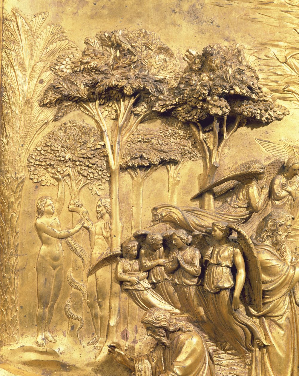 The Story of Adam, detail Pokušení Adama a Evy, z jednoho z původních panelů z východních dveří baptisteria, restaurování pozlaceného bronzu z let 1425-52 od Lorenzo Ghiberti