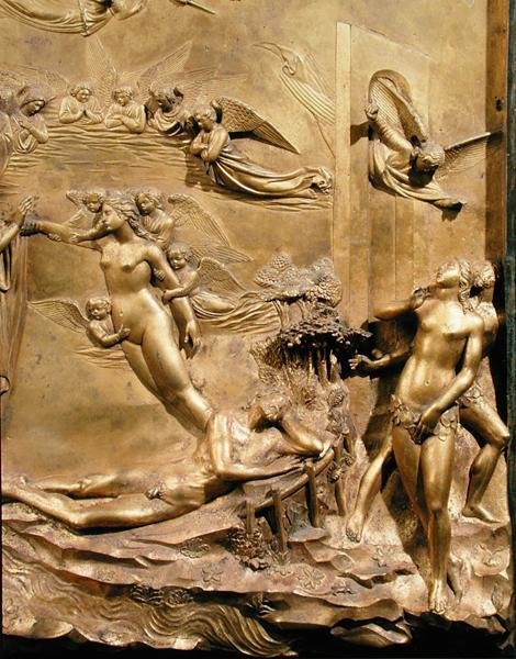 The Story of Adam, detail Stvoření Evy a Vyhnání, z jednoho z původních panelů z East Doors of the Baptistery od Lorenzo Ghiberti