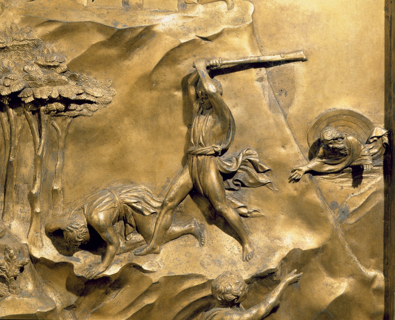 Příběh Kaina a Ábela, detail zabití Ábela, původní panel z východních dveří baptisteria, restaurování sloupků z pozlaceného bronzu 1425-52 od Lorenzo Ghiberti
