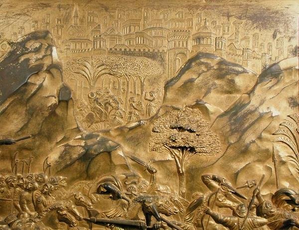 Příběh Davida a Goliáše, detail pozadí z původního panelu z East Doors of the Baptistery od Lorenzo Ghiberti