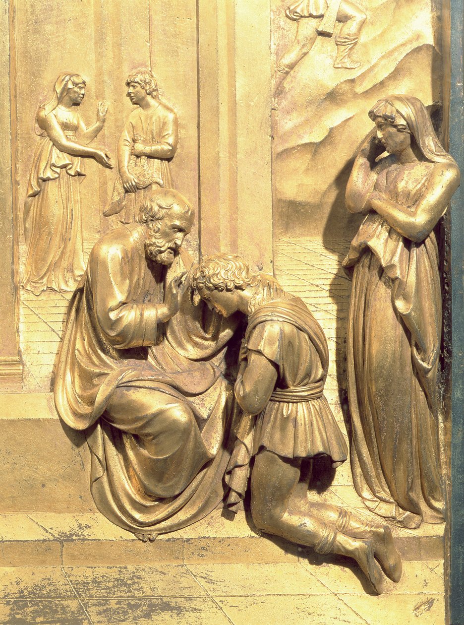 Příběh Jákoba a Ezaua, detail Izáka žehnajícího Jakuba, z původního panelu z východních dveří baptisteria, restaurování sloupků z pozlaceného bronzu 1425-52 od Lorenzo Ghiberti