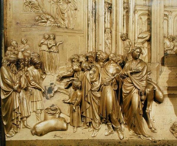 Příběh o Josefovi, detail nálezu stříbrného poháru, z původní desky z východních dveří baptisteria od Lorenzo Ghiberti