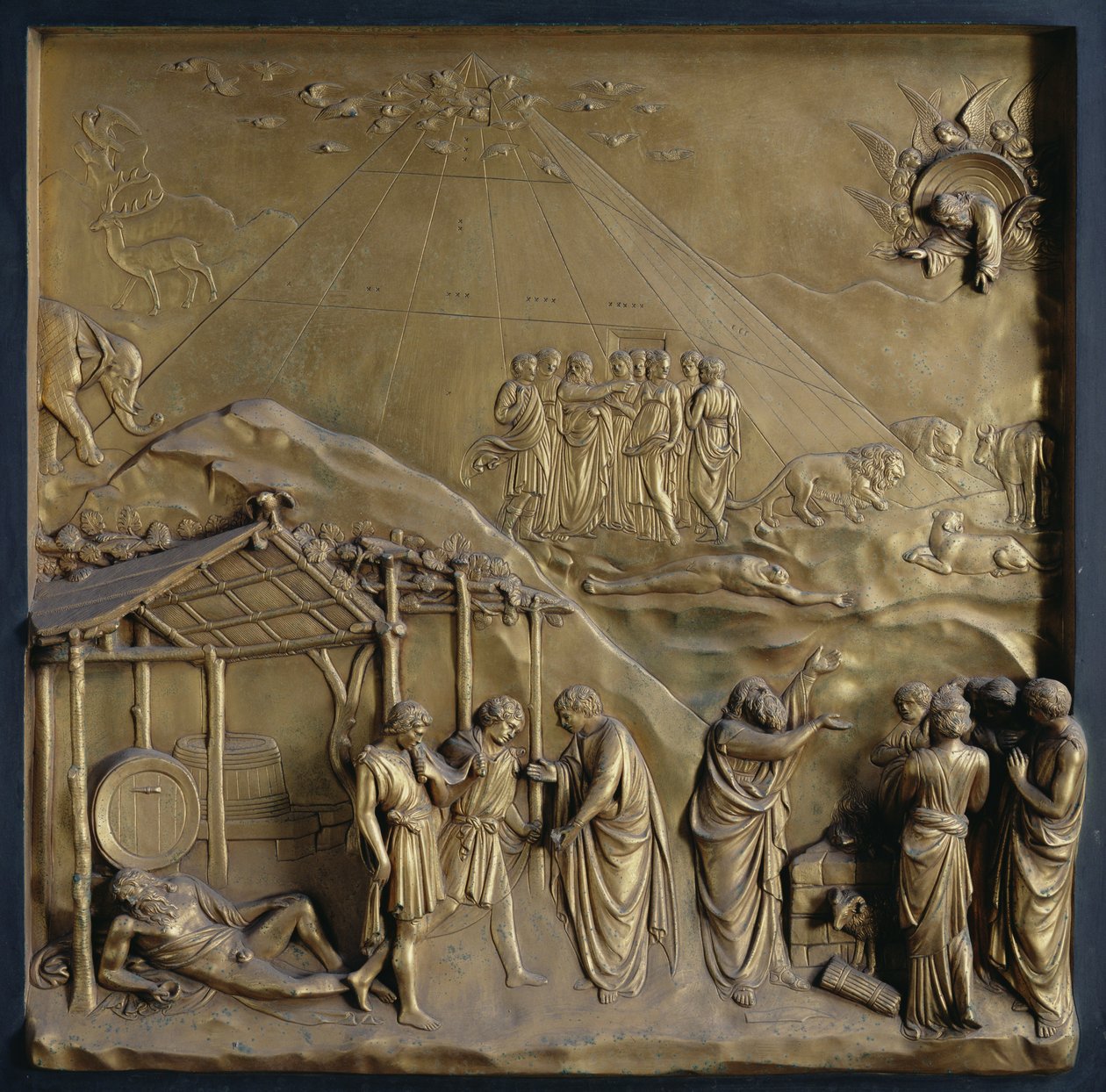 Příběh o Noemovi: vyjití z archy, opilost Noema a jeho oběť Bohu, jeden z deseti reliéfních panelů z Rajské brány (východní dveře), 1425-52 (pozlacený bronz) (viz také 87652-53). od Lorenzo Ghiberti