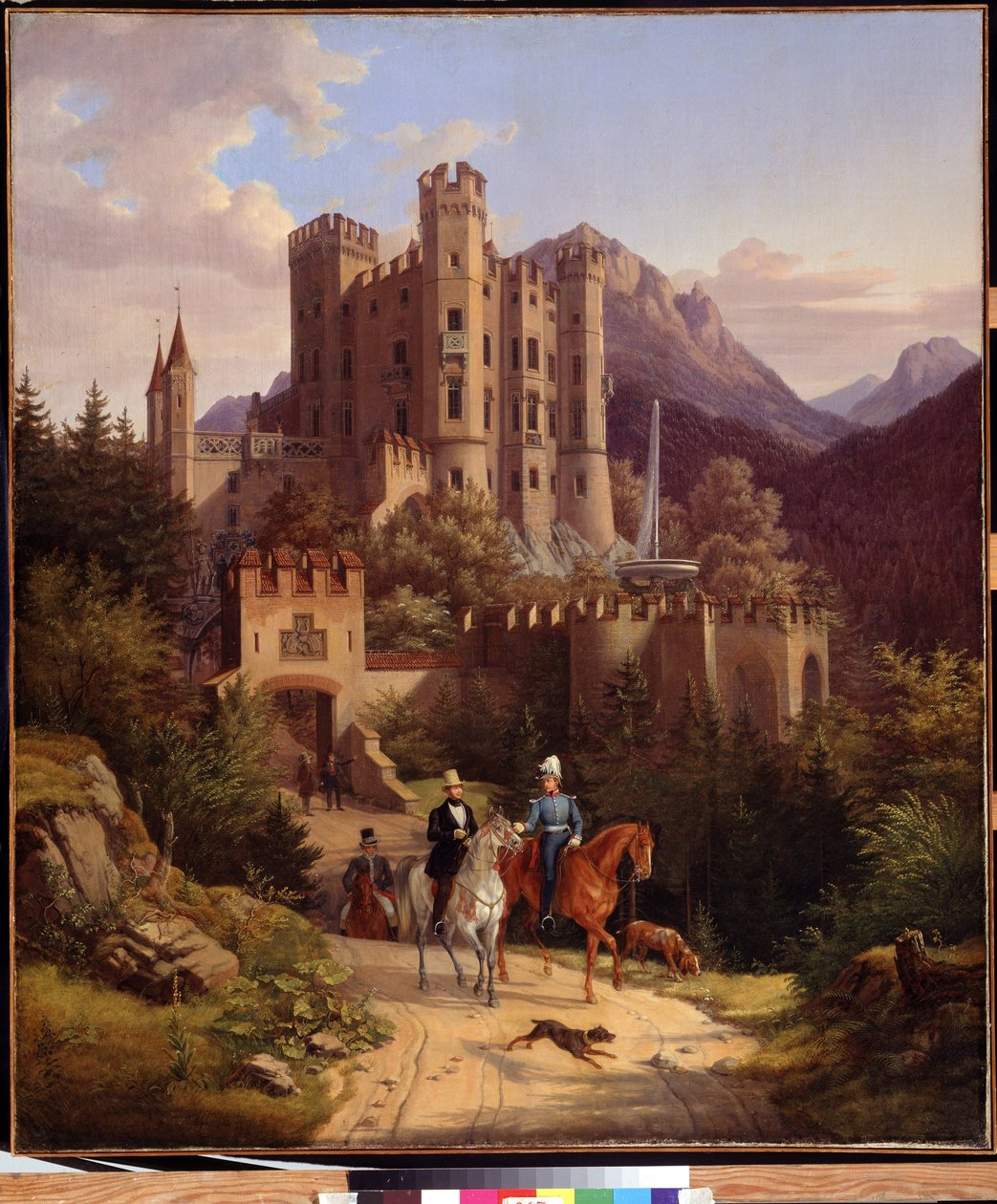 Le princ couronne Maximilien a cheval, Hohenschwangau (Korunní princ Maxmilián na koni v Hohenschwangau). Maxmilián II. Bavorský (1811-1864) před svým zámkem Hohenschwangau v Bavorsku (Německo). Obraz od Lorenza II Quaglio (1793-1869) od Lorenzo II Quaglio