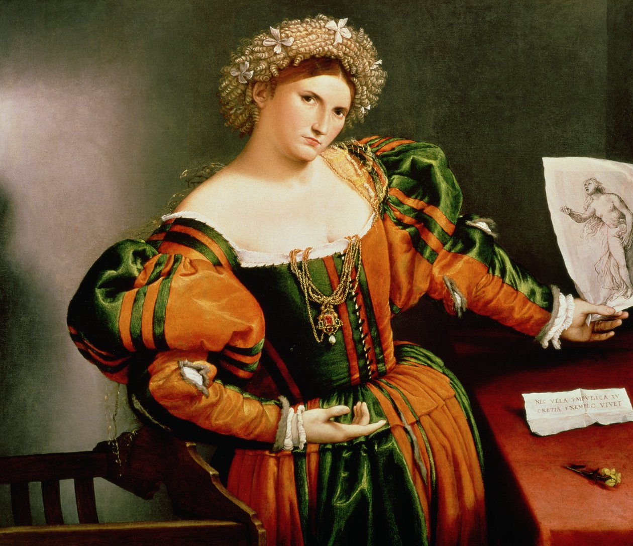 Dáma s kresbou Lukrécie, kolem 1530-33 (olej na plátně přeneseném ze dřeva) od Lorenzo Lotto