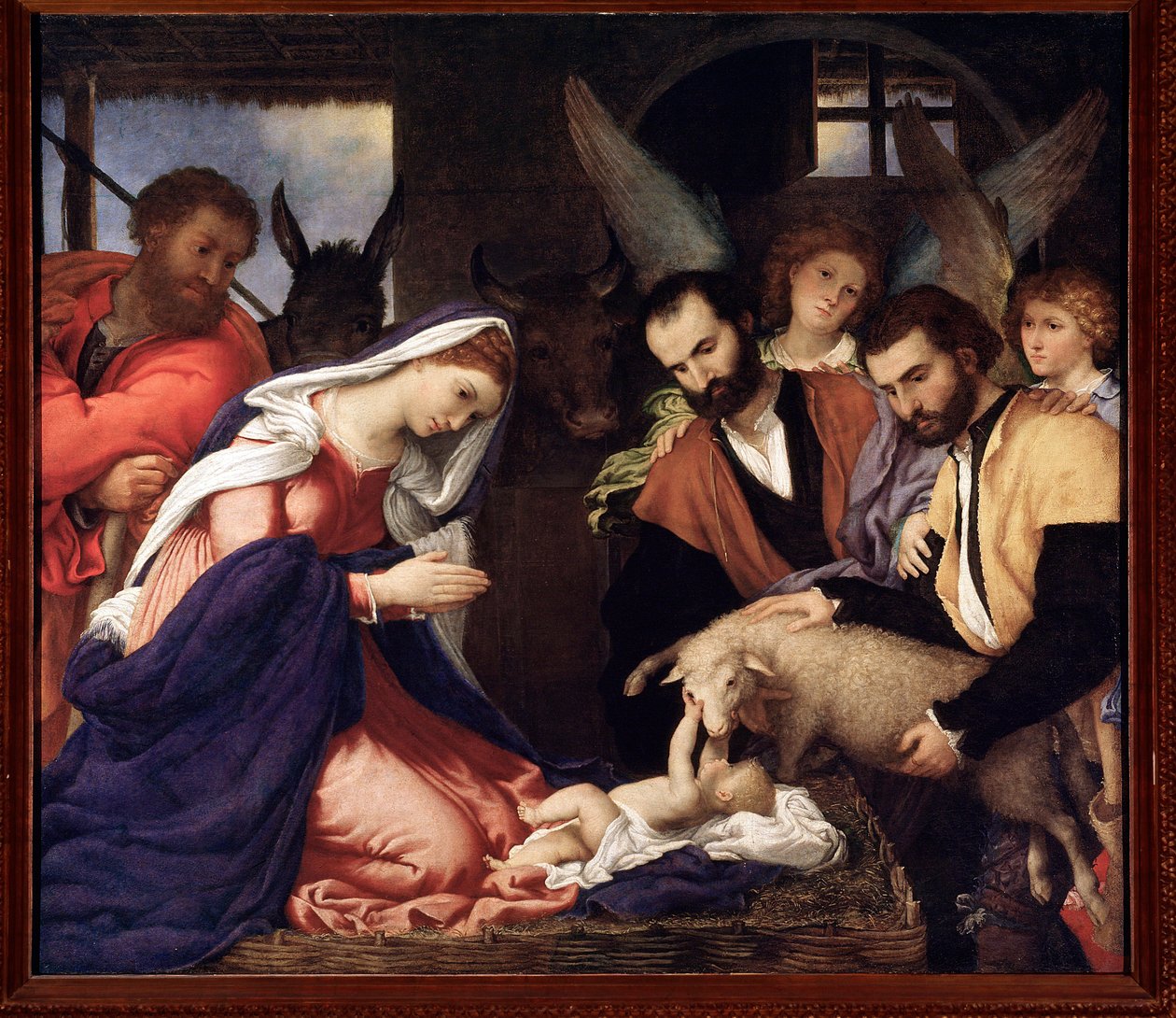 Klanění pastýřů Dítě Ježíš si hraje s ovečkou - olej na plátně od Lorenzo Lotto