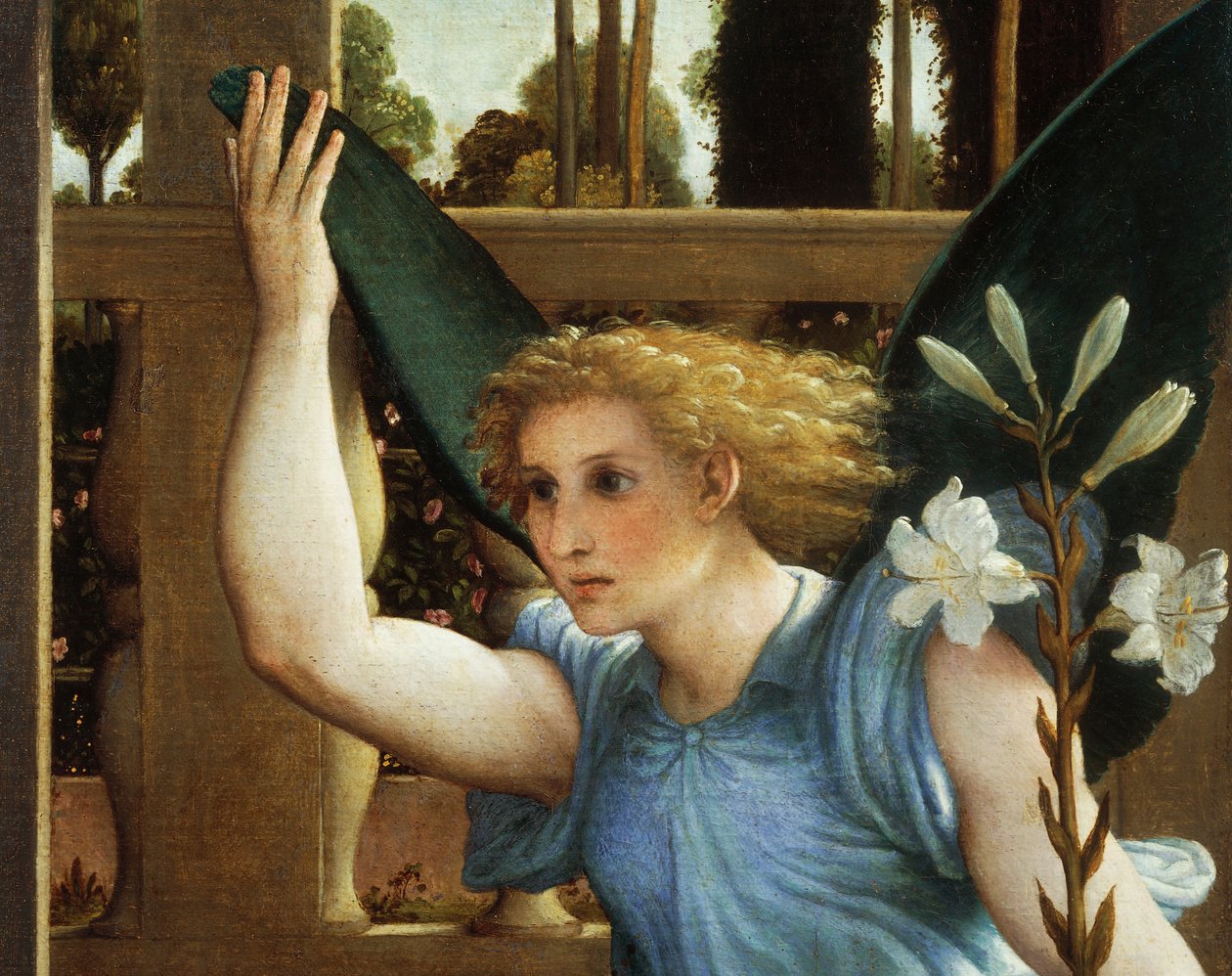 Announcing Angel, detail z Annunciation, ca 1434, Lorenzo Lotto (1480-1556), olej na plátně od Lorenzo Lotto