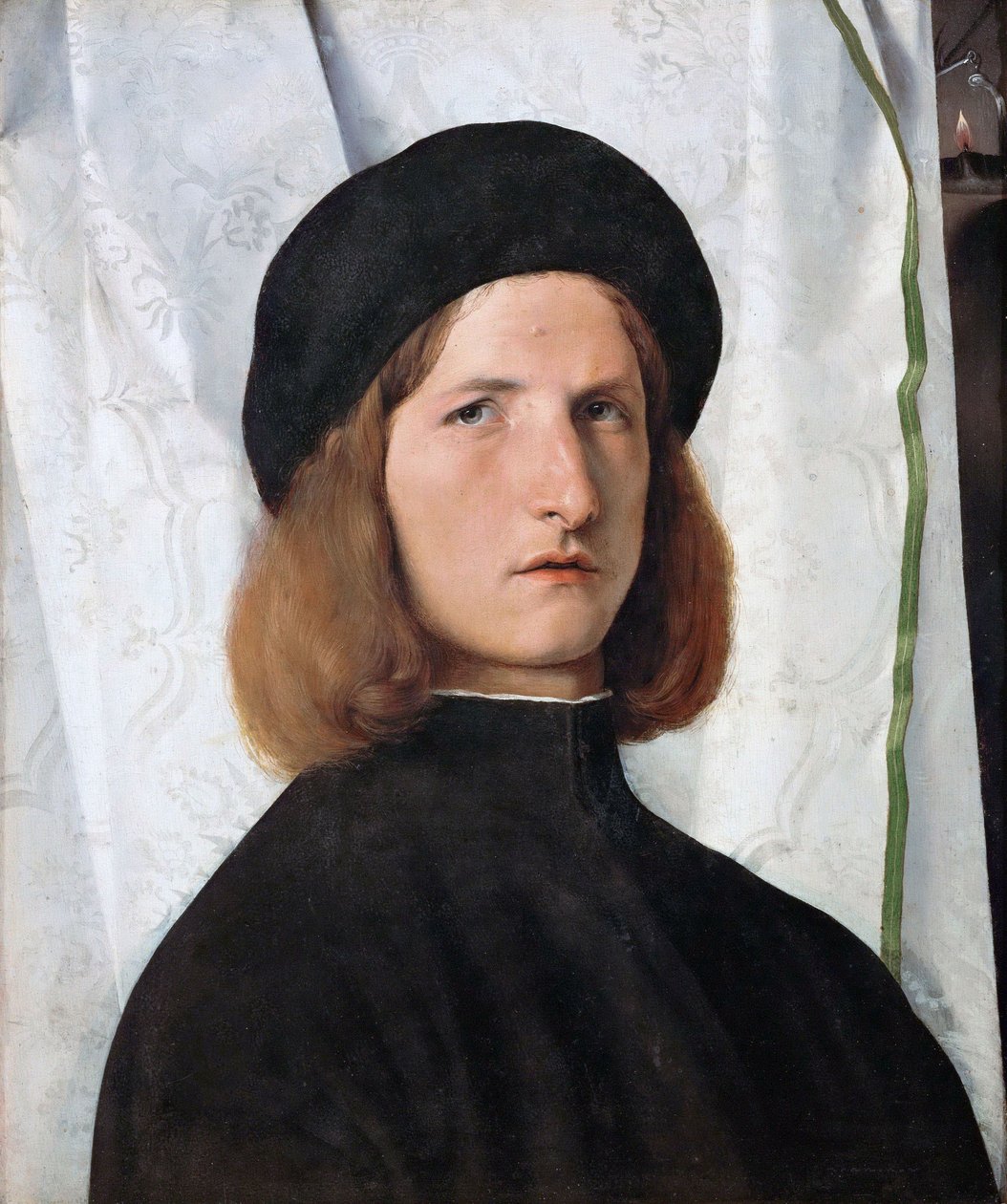 Německy: Bildnis eines Jünglings vor weißem Vorhang Portrét mladého muže s lampou od Lorenzo Lotto